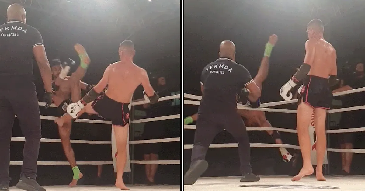 Kickbokser trapt rivaal door touwen ring! 'Harde landing' (video)