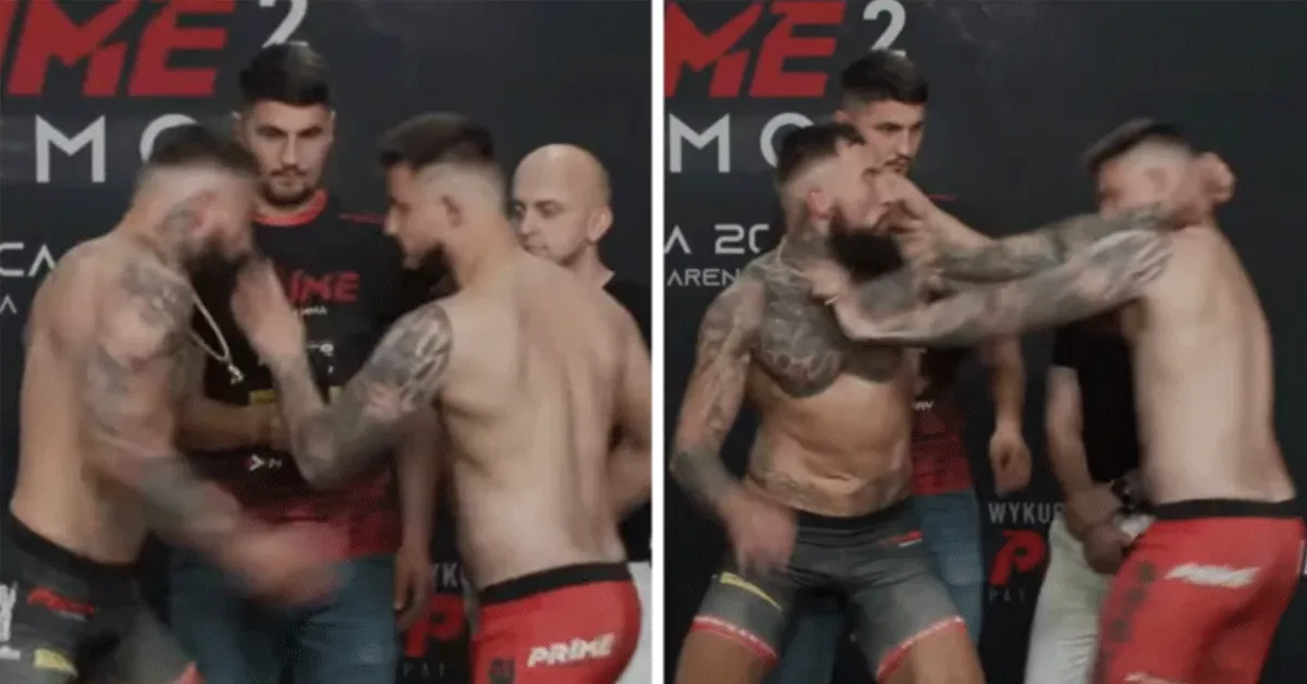 Zware klappen tijdens staredown kooivechters: 'Totale chaos' (video)