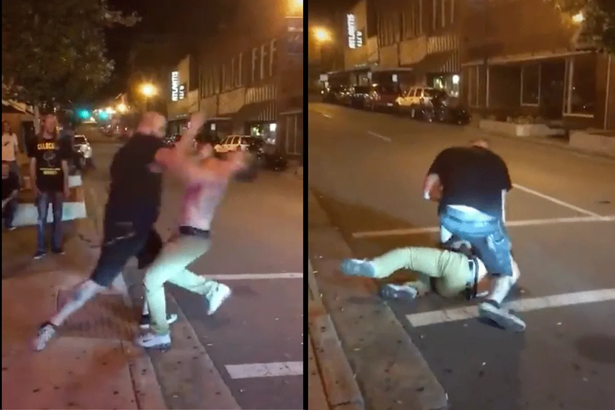 Uitsmijter mept lastpak 'KO' in oneerlijk straatgevecht (video)