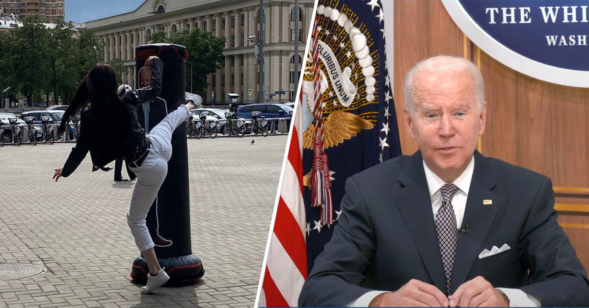 Russen plaatsen Joe Biden bokszak op straat: 'Lekker trappen tegen de Pres'