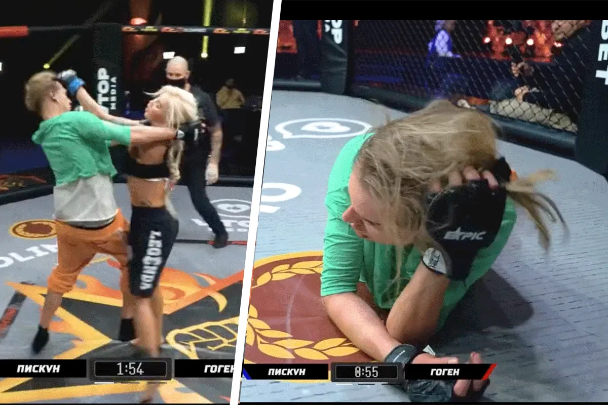 Porno-actrice MEPT 'mietje acteur' door MMA-kooi (video)