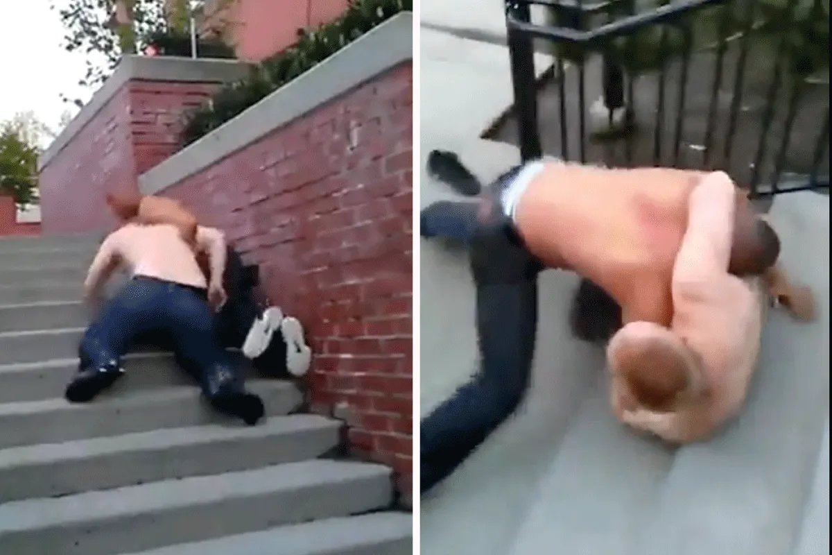 Dwaze dudes slaan elkaar trap af: 'Is de straat niet genoeg?' (video)