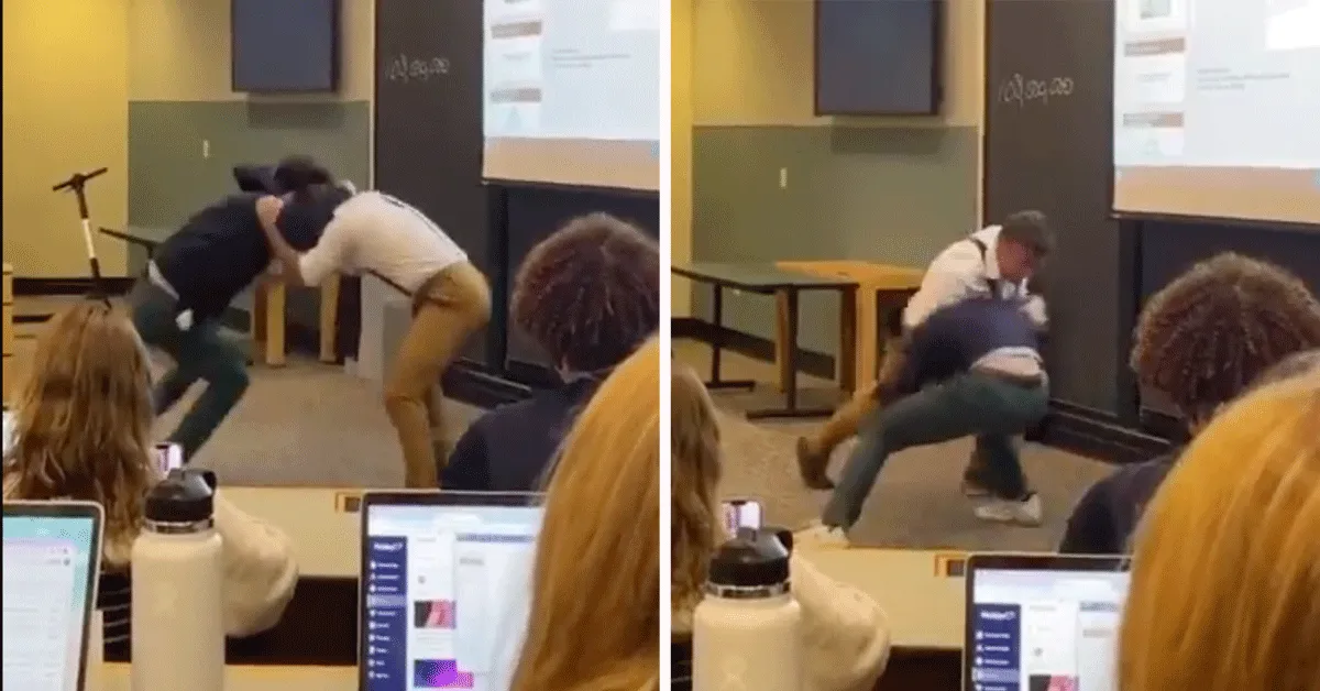 Leraar en student vechten ruzie uit voor de klas! 'Eindbaas' (video)