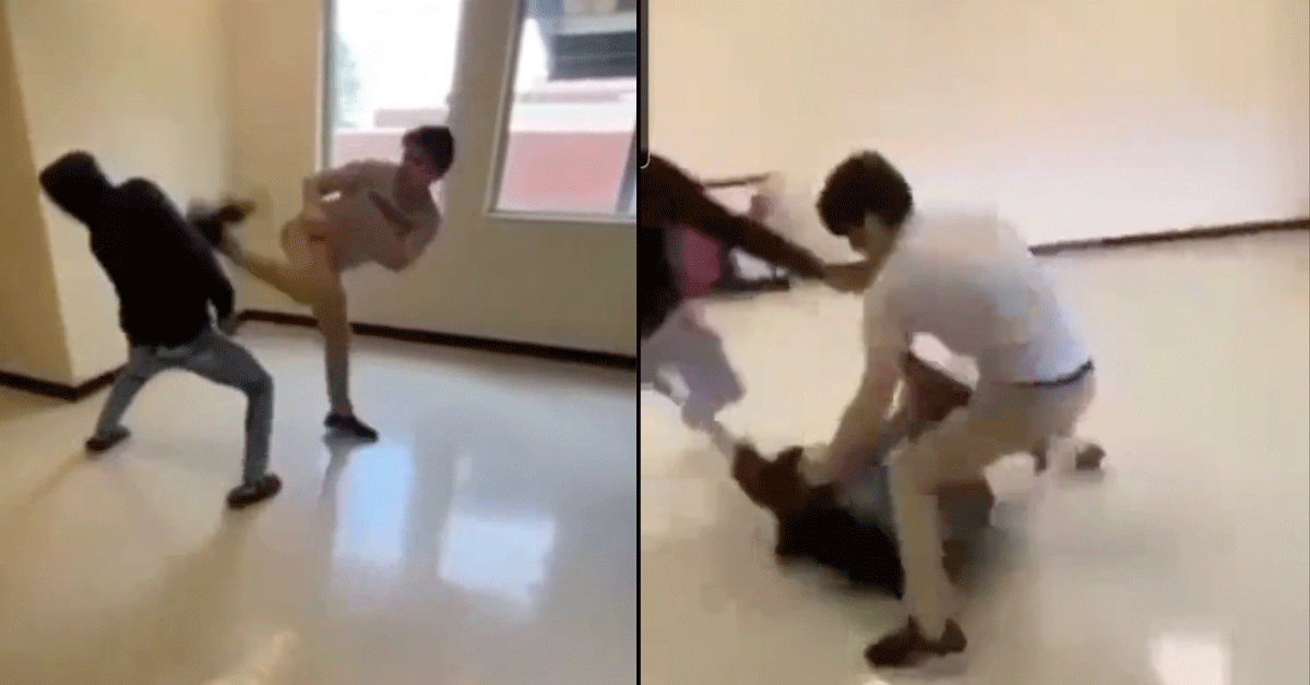 'Toon nooit zwakte!' Jongen trapt pester door aula school (video)