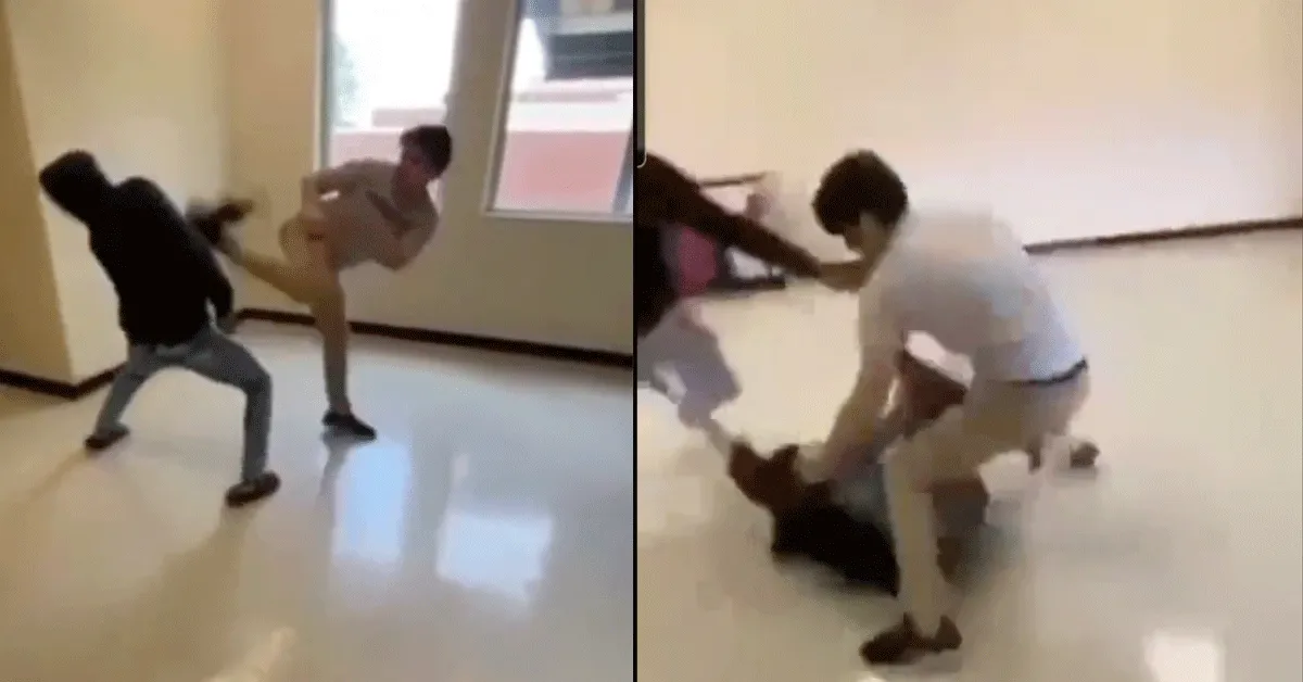 'Toon nooit zwakte!' Jongen trapt pester door aula school (video)