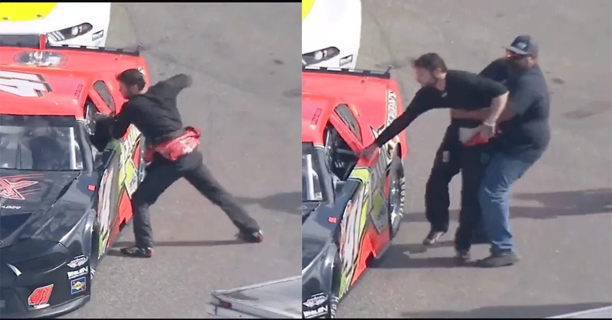 Autocoureur deelt klappen uit tijdens racepauze! 'Valse start' (video)