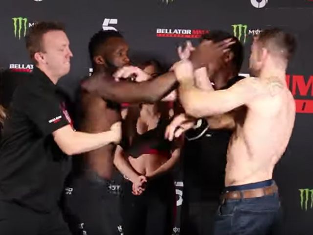 Bellator MMA-vechters delen klappen uit bij weging (video)