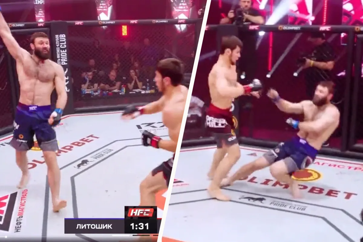 Kooivechter slaat rivaal bruut KO na stoer doen voor publiek | video