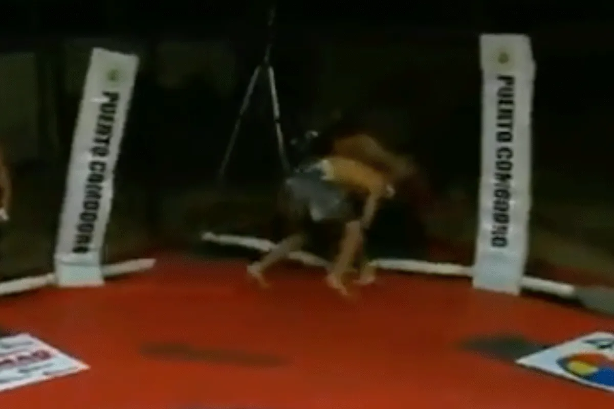 ZIEN! MMA-kooi stort in bij gevecht, vechters knokken door