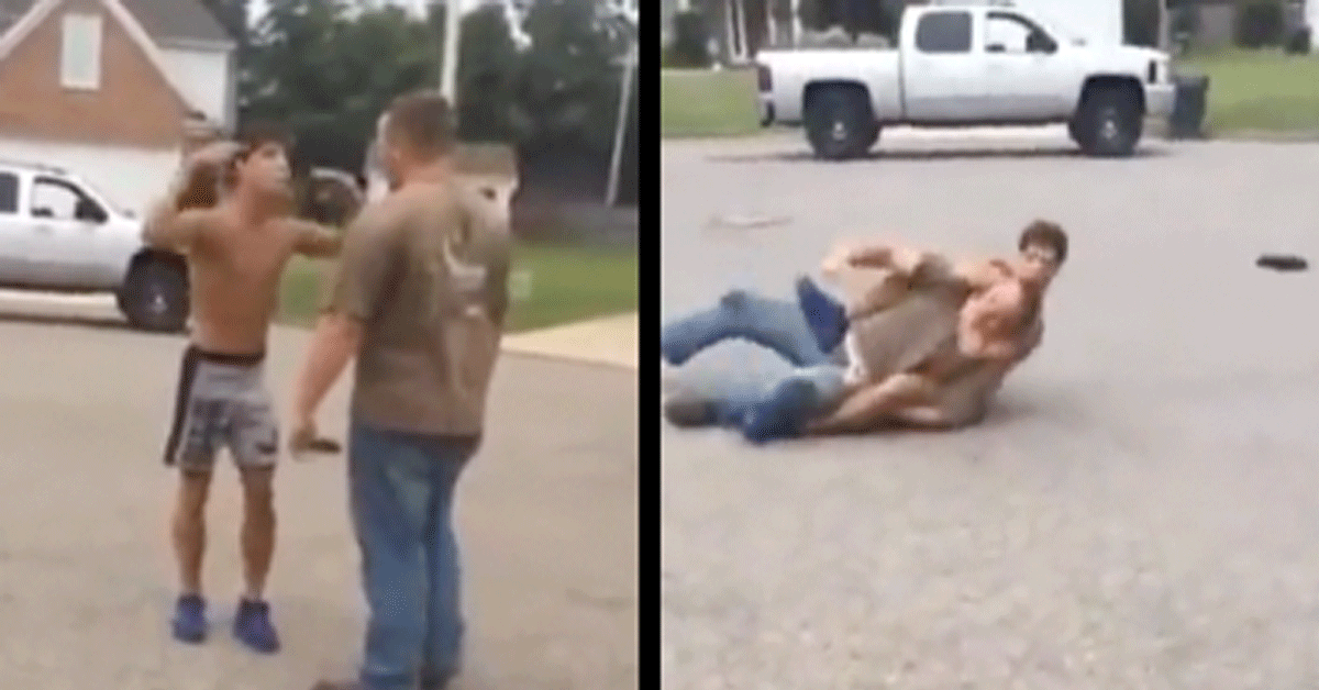 Tiener gebruikt MMA tegen volwassen kerel! 'Hier die tv' | video