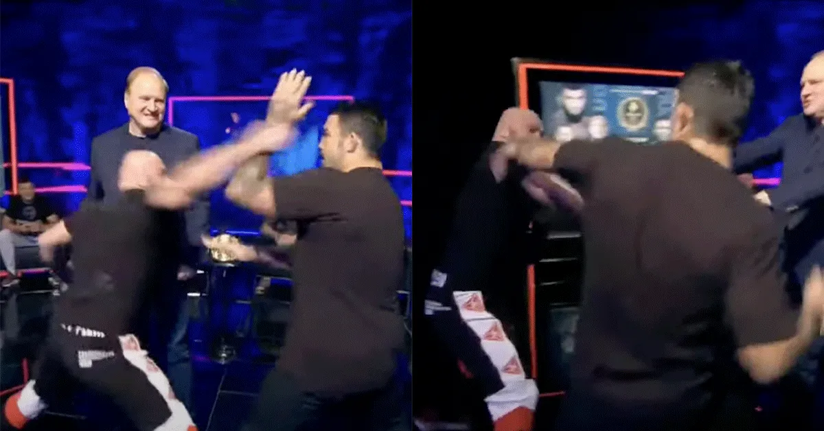 Beruchte vechter Mike Perry en Rus slaan erop los bij persconferentie (video)