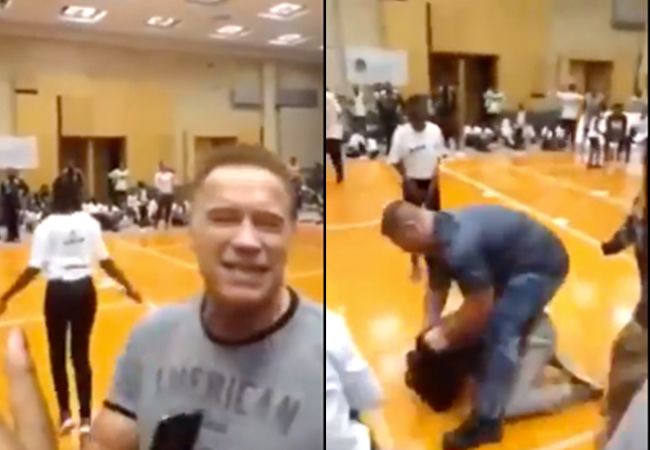 Heftige video: Arnold Schwarzenegger geveld door karatetrap