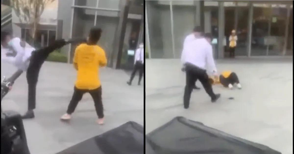 Eten bezorger met karate kick onderuit getrapt! 'Helm op' (video)