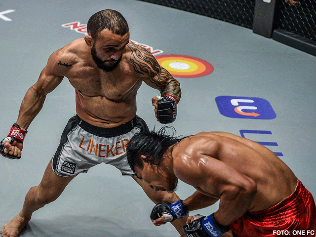 MMA-vechter met stenen stenen vuisten boekt knock-out overwinning