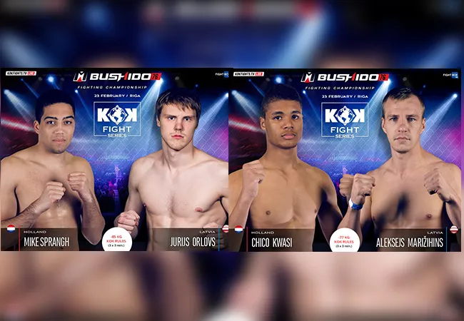 Chico Kwasi en Mike Sprangh in actie tijdens KOK Fight Riga