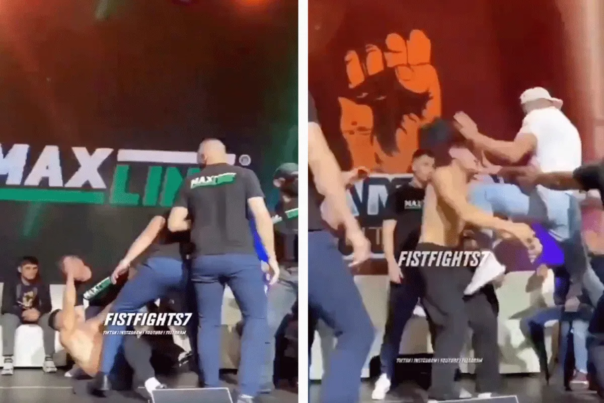 Nou ja! Vechter 'KO' tijdens staredown, staat op en slaat verkeerde