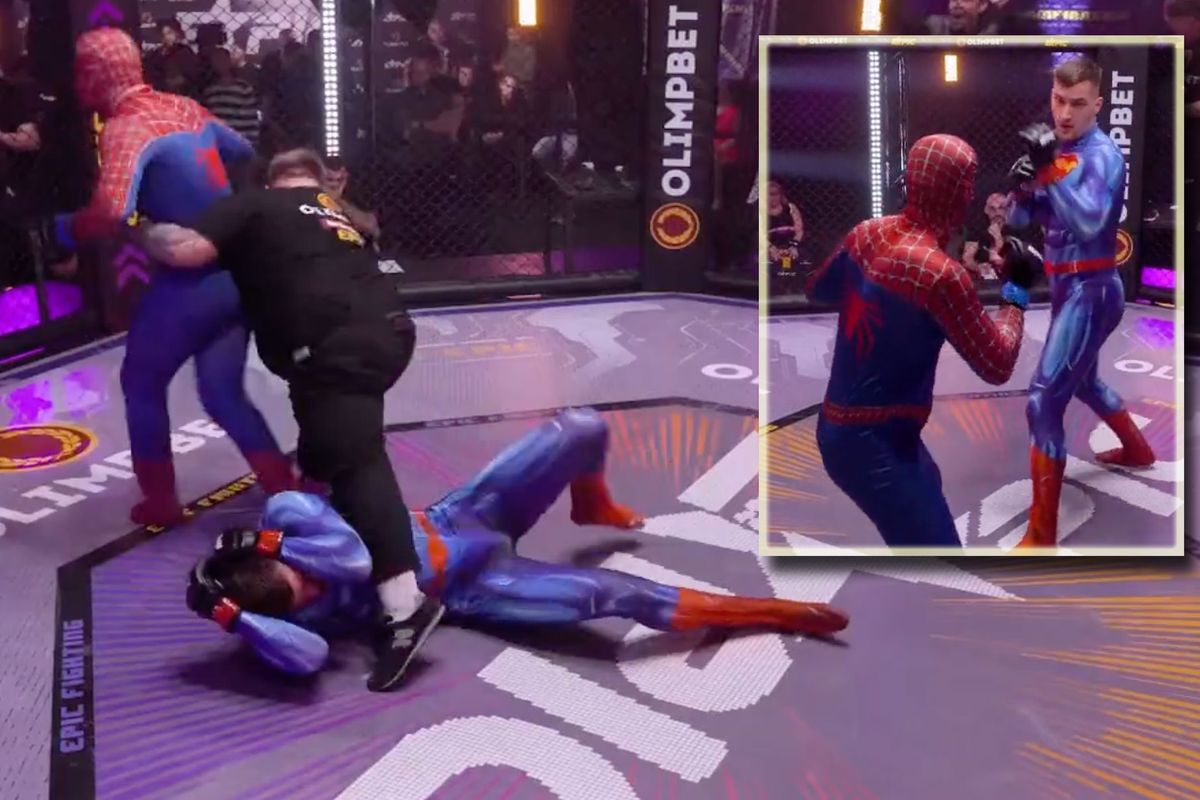 Backflippende Spiderman beukt Superman zwaar onderuit in MMA-kooi (video)