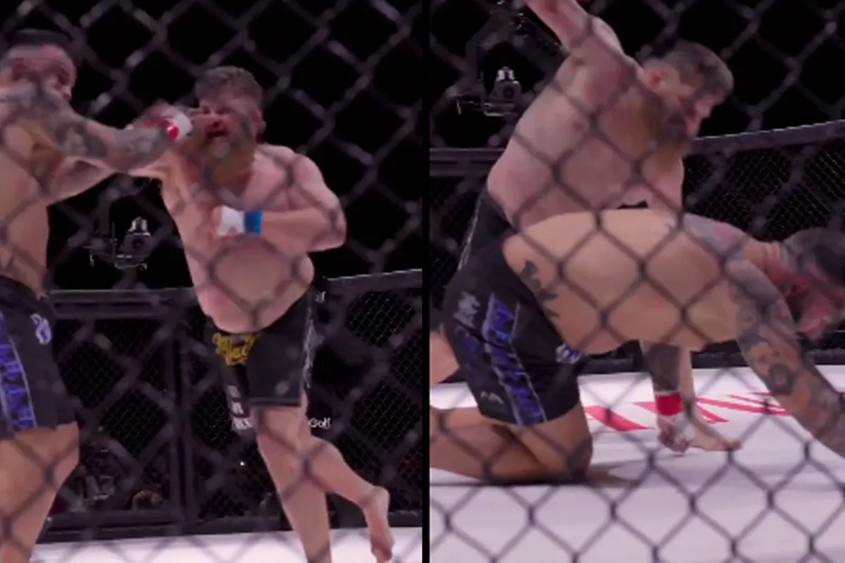 Sensatie! Roy Nelson slaat opponent Dillon Cleckler plat tijdens Gamebred Bare Knuckle 4