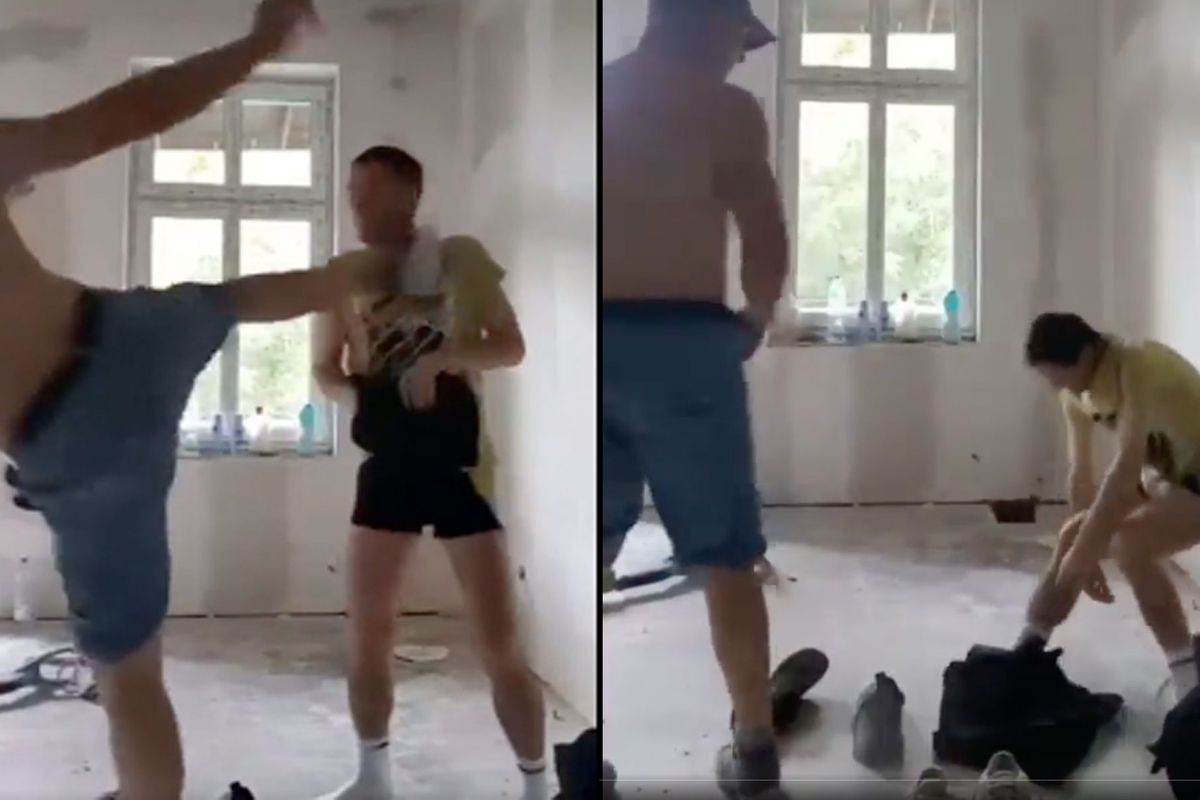 Schokkende video! Bouwvakker trapt collega zwaar onderuit met highkick