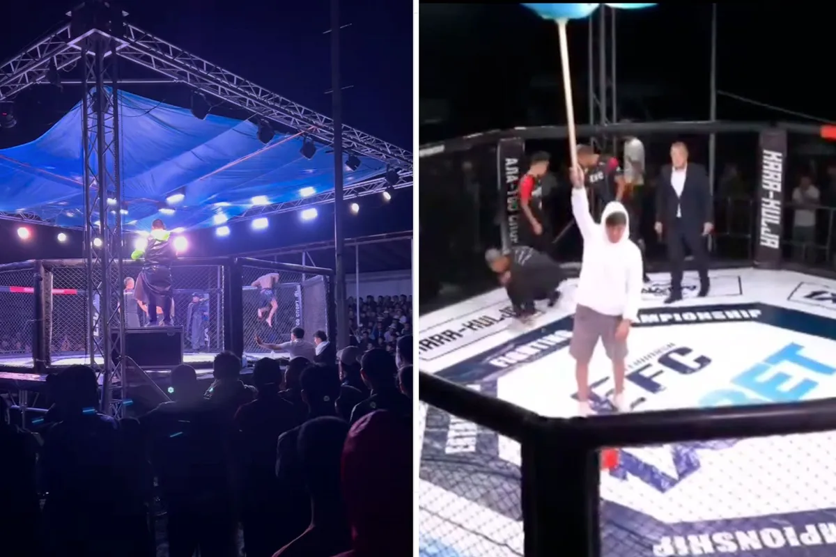 Absurd: Vechters glijden door kooi na instorten dak bij EFC 48 event