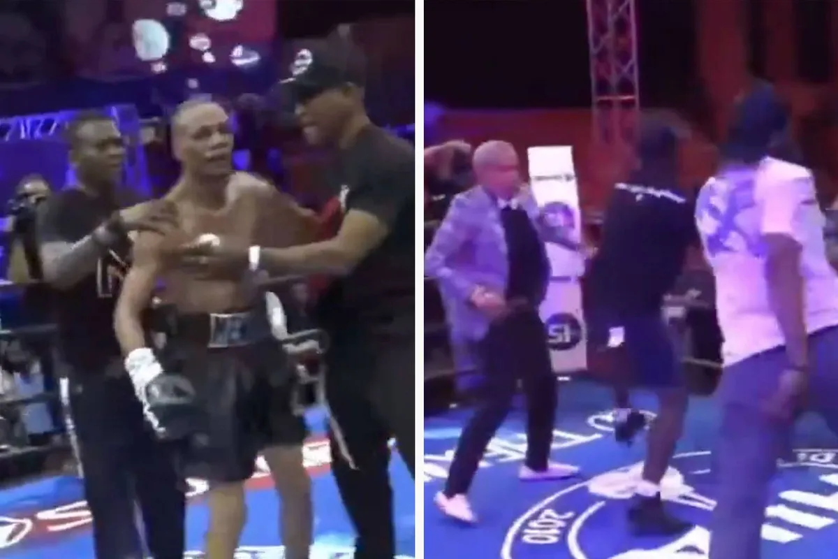 Totale paniek! Boks scheidsrechter keihard onderuit geslagen - zie de beelden hier