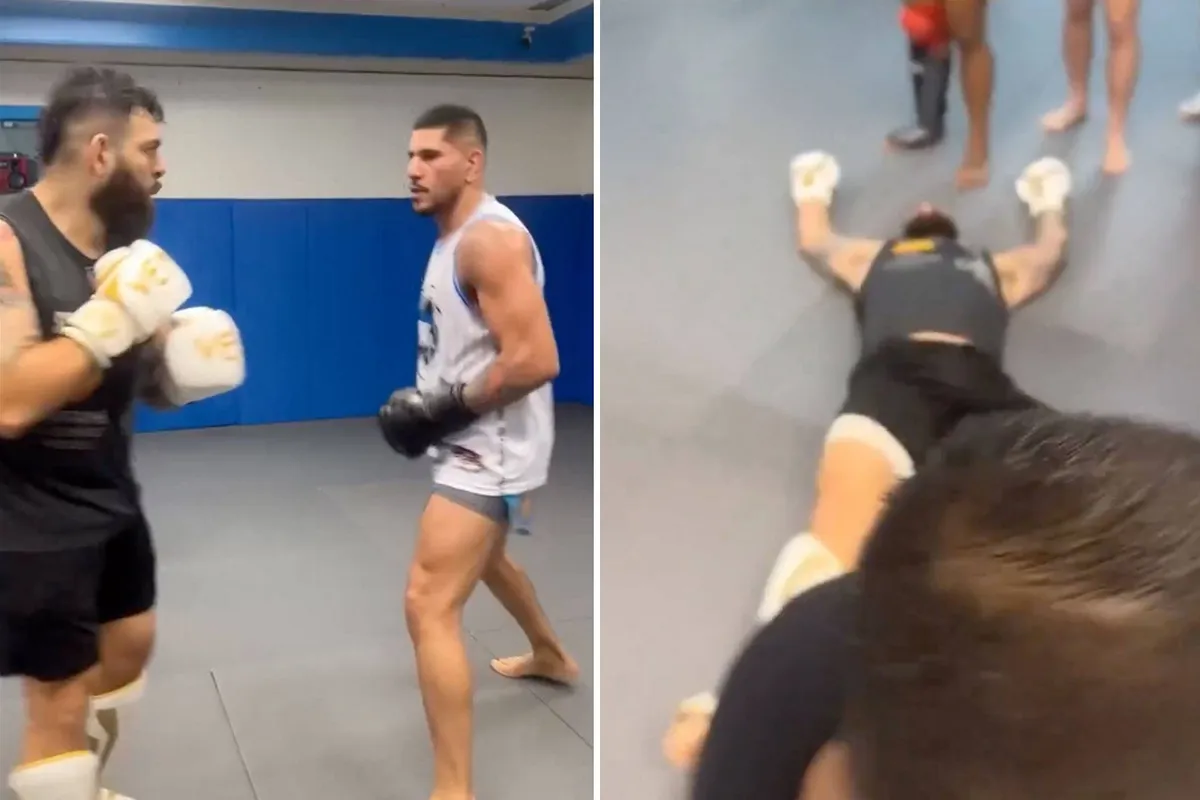 Niet slim dit! UFC-ster Pereira slaat sparringpartner onderuit - video