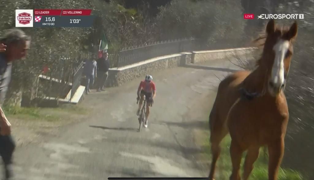 📽 Bizar: loslopend paard zit achtervolgster Vollering in de weg in volle finale Strade Bianche
