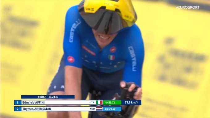 Affini surprises Küng (with open front wheel) for European time trial title, strong Hoole and Arensman narrowly miss out