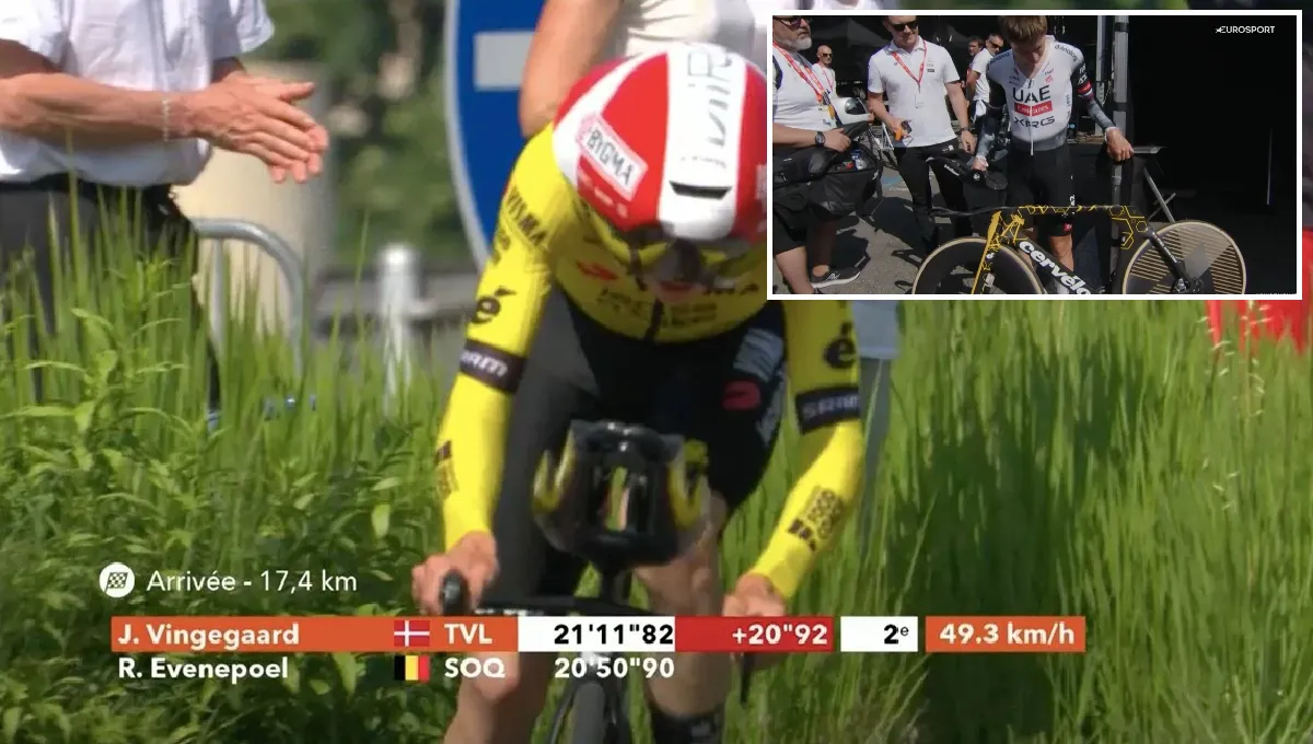 Vingegaard highlights potential improvements after Dauphiné time trial, as opponent Pogacar inspects the Dane's Cervélo
