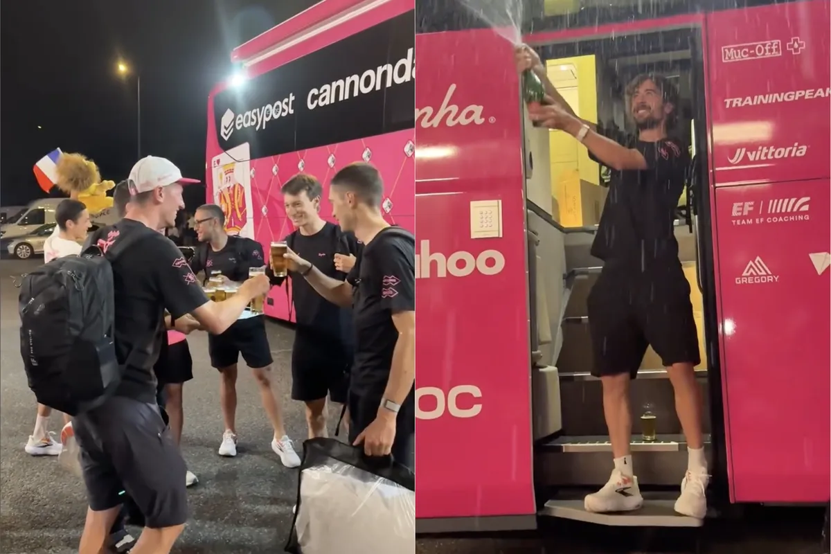 🎥 Bier, champagne en de McDrive? EF viert gele trui Healy zoals alleen EF dat kan: 'Een kleine traktatie voor de lange reis'