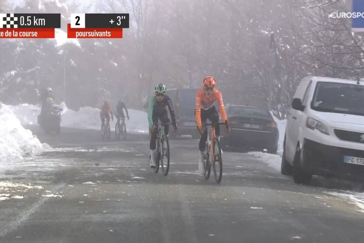 Snow-walled climbing battle in Provence ends with a slippery sprint finish