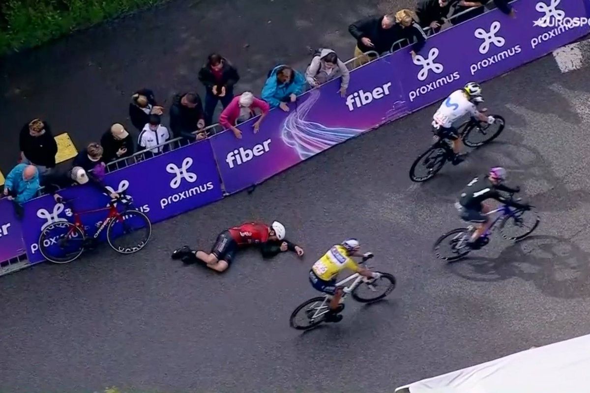 Arnaud De Lie seals sensational home win and drops to the ground immediately after the finish