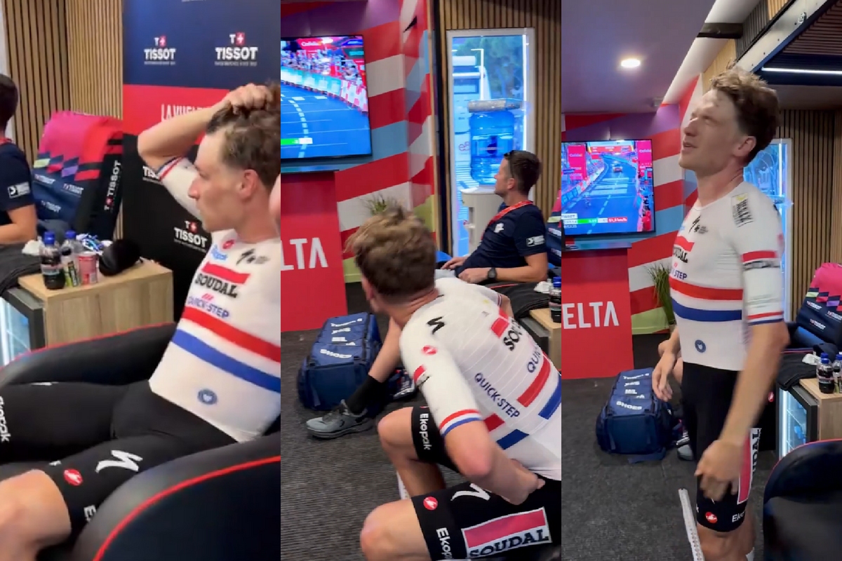 Ethan Hayter reacts after losing Vuelta stage and red jersey to Tadej Pogačar by 0.09 seconds