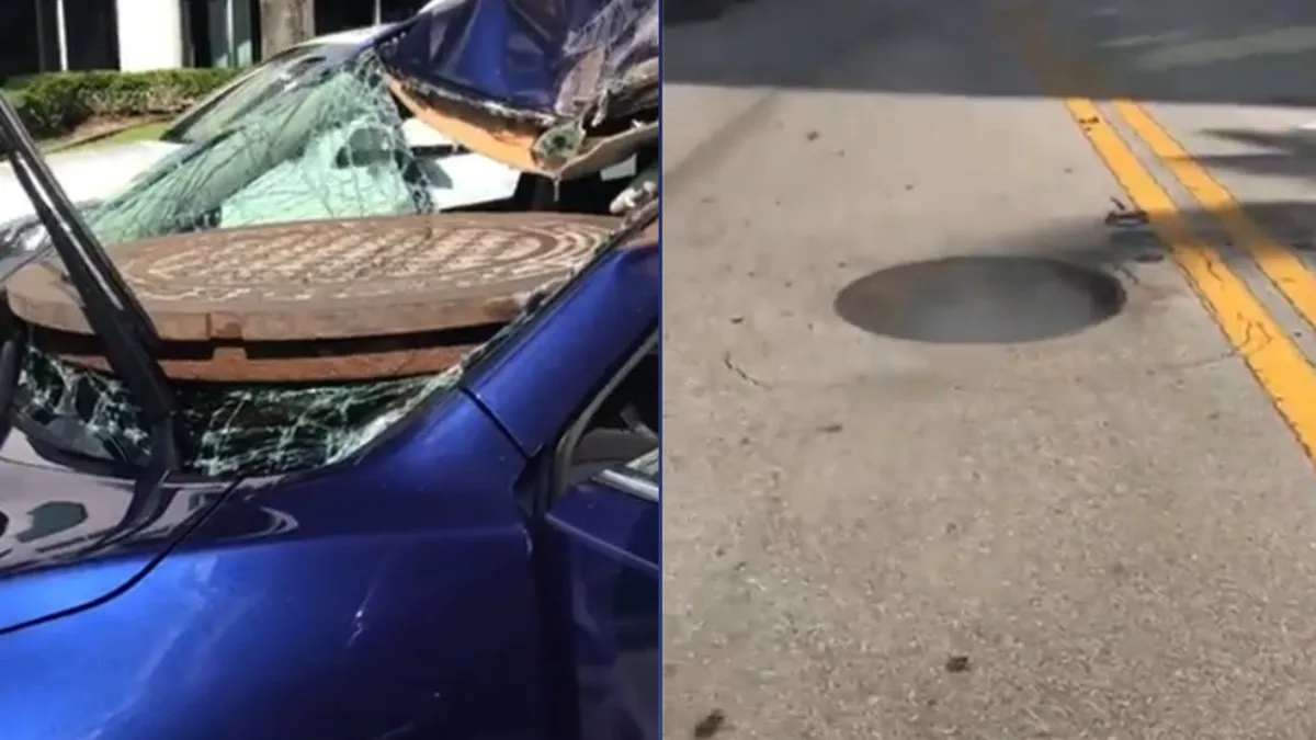 Putdeksel springt op onverklaarbare wijze uit de weg en vliegt auto in