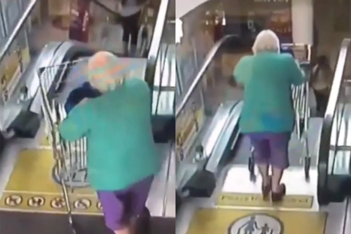 Oma gaat met winkelkarretje van de roltrap