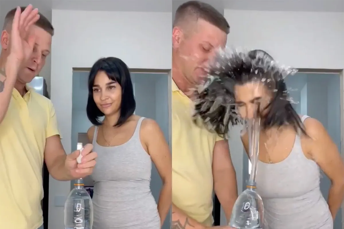 Klassieke grap met spuitende fles water en een ei als twist