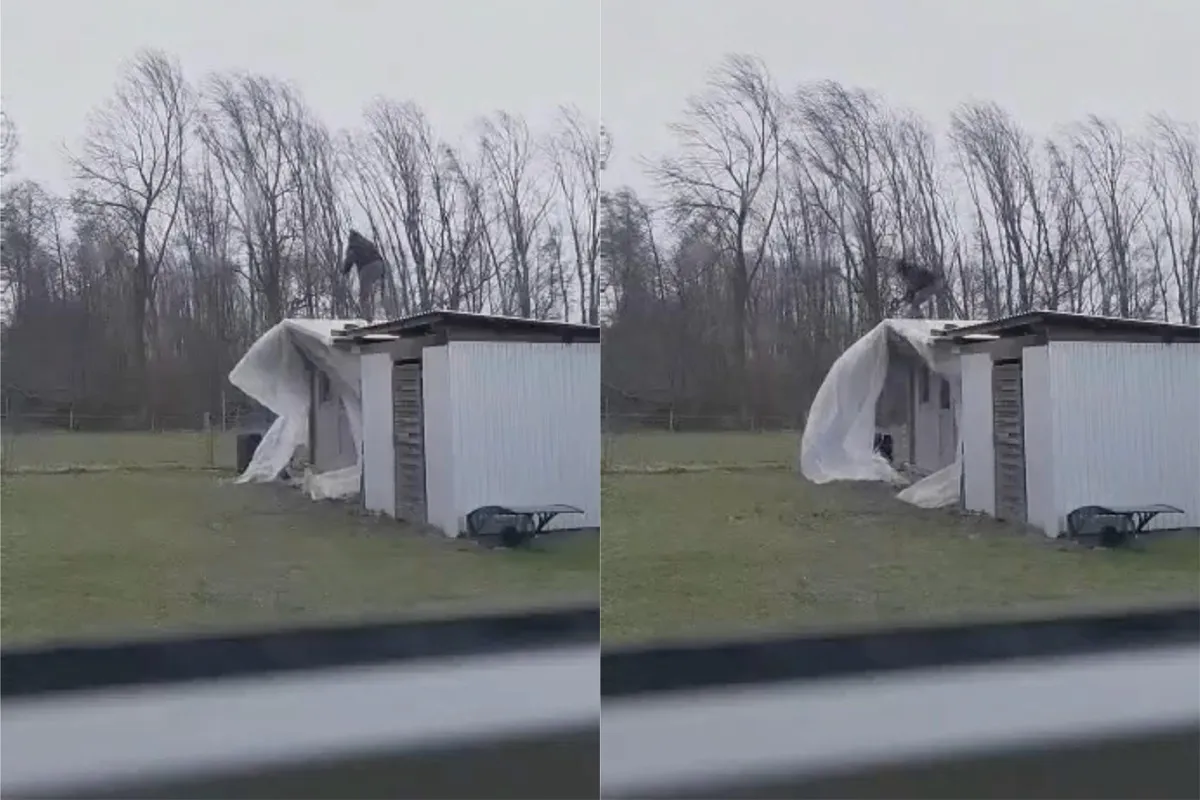 Man probeert schuurtje te beschermen tegen storm, waait zelf weg