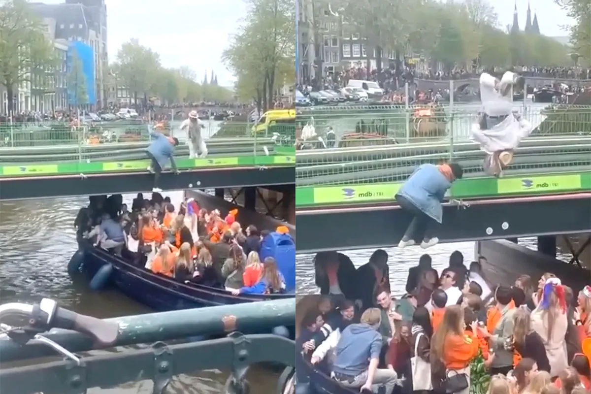 Ondertussen tijdens Koningsdag: Van brug op boot springen gaat ook weleens fout