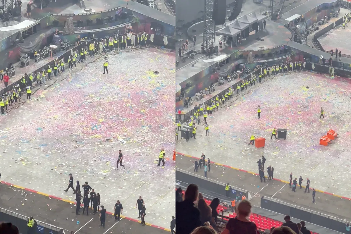Synchroon schoonmaken van confetti na optreden van Coldplay in Wembley