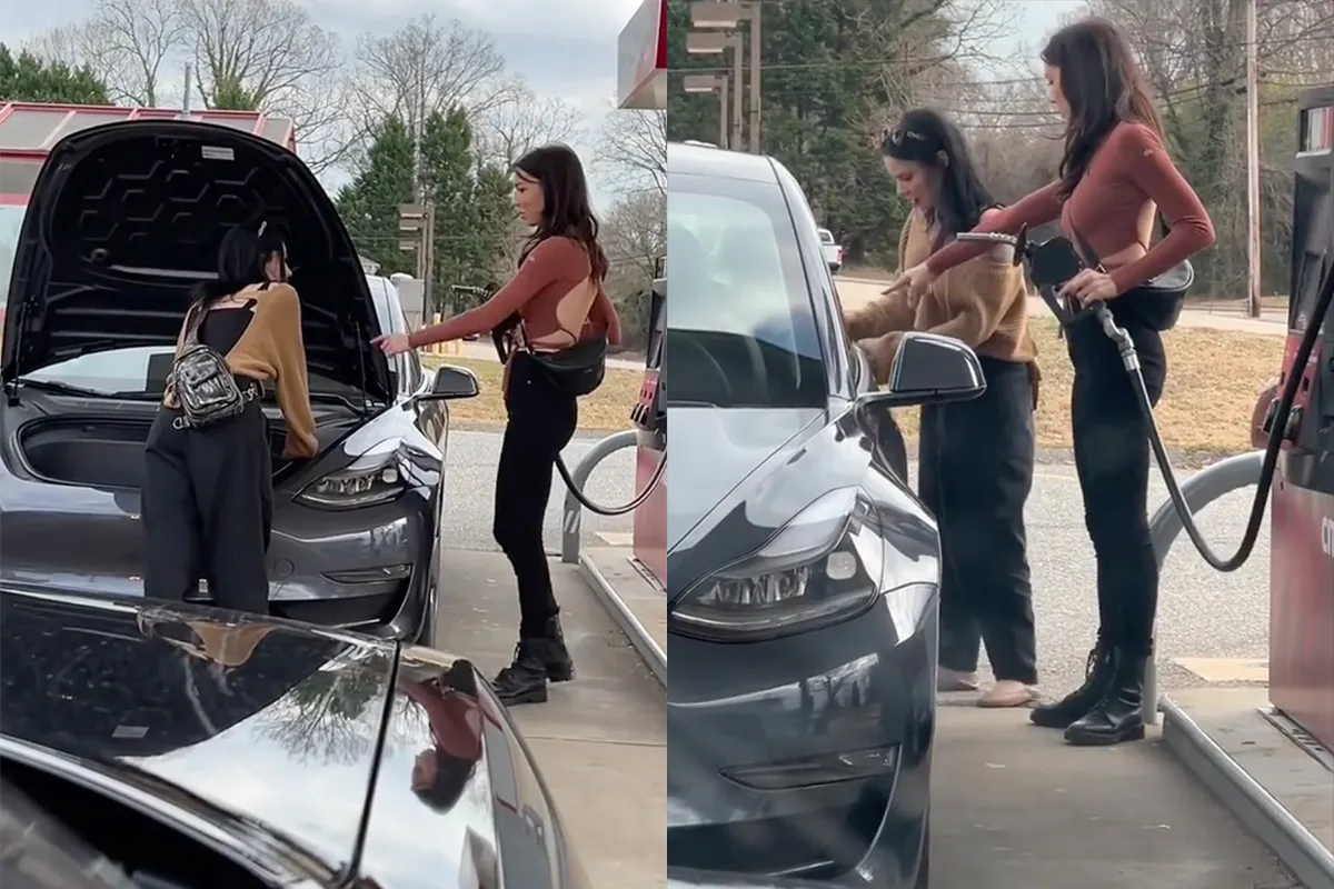 Dames weten niet dat een Tesla een elektrische auto is en proberen deze vol te tanken