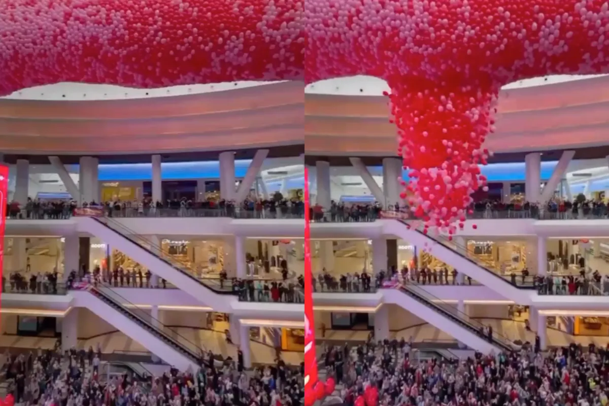 40.000 vallende ballonnen voor Valentijnsdag in winkelcentrum