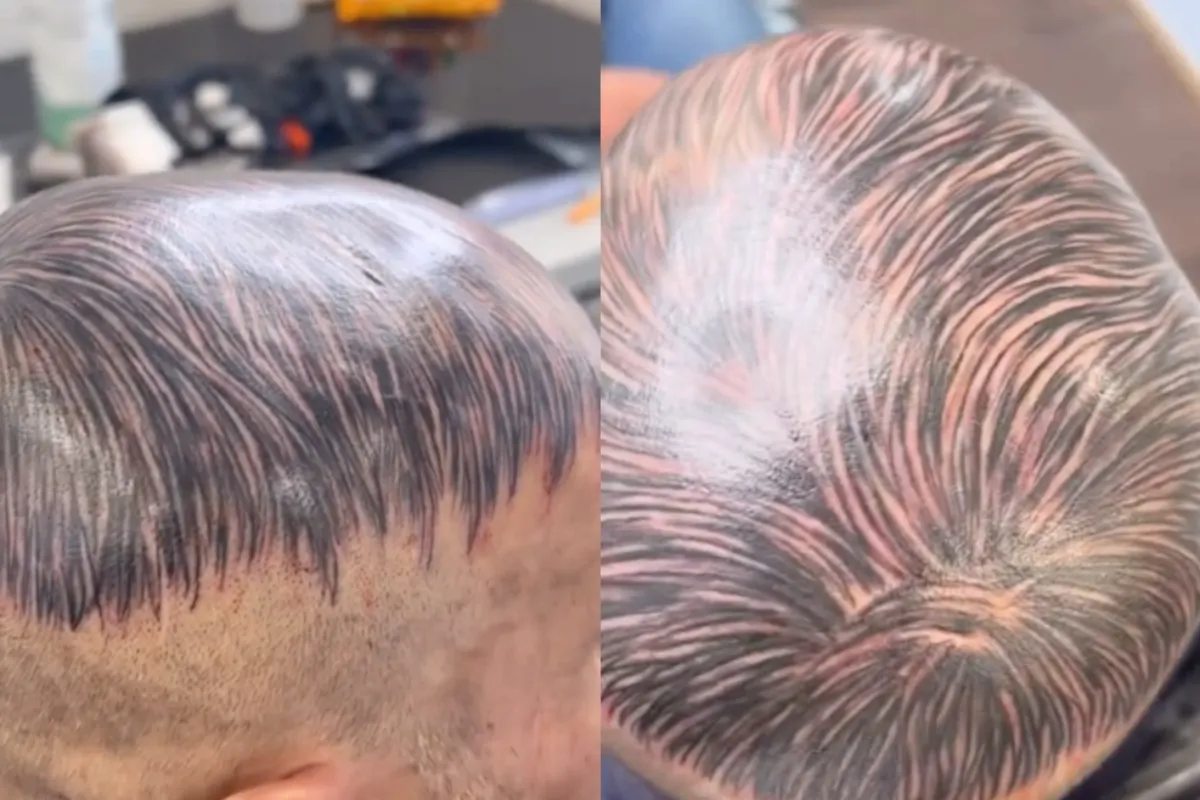 Gast heeft een kapsel laten tatoeëren op zijn kale kop