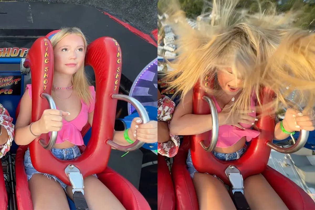 Dame weet echt niet wat haar overkomt als ze omhoog wordt geschoten in Sling Shot
