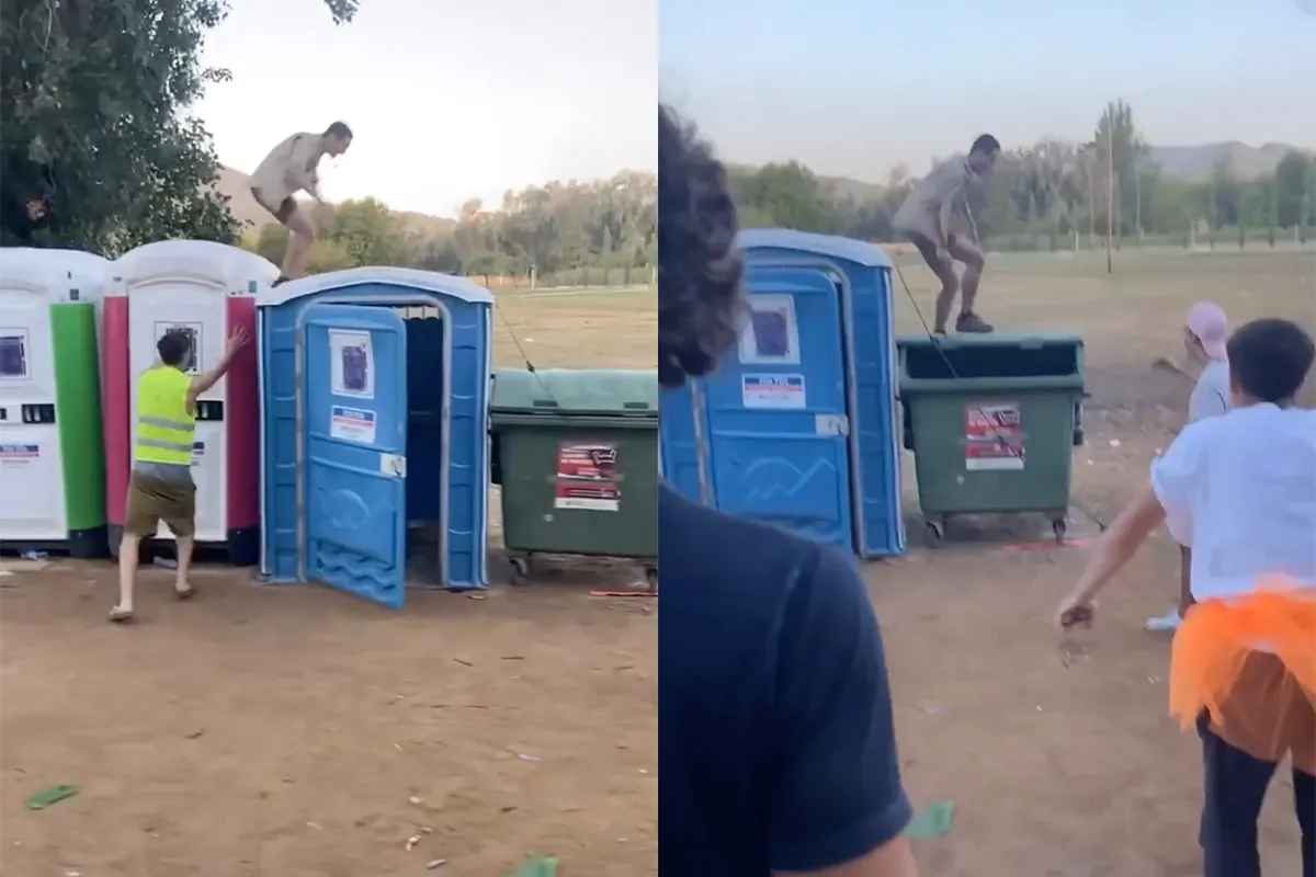 Beschonken man loopt over wc's en tuimelt mooi vuilniscontainer in