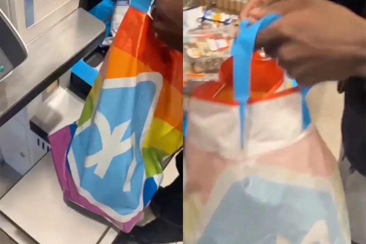 Man wil niet lopen met Albert Heijn regenboogtas en draait deze binnenstebuiten