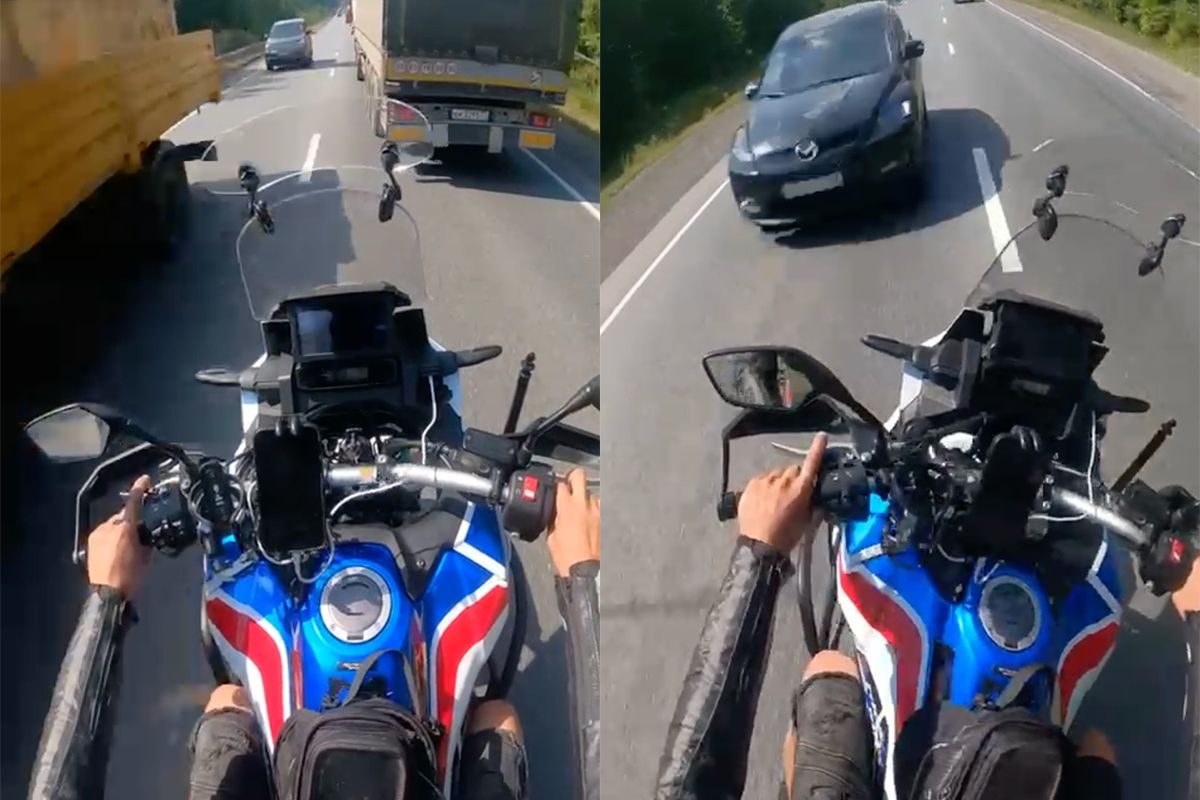 Motorrijder ziet een gaatje om in te halen, maar dat gaat net niet goed