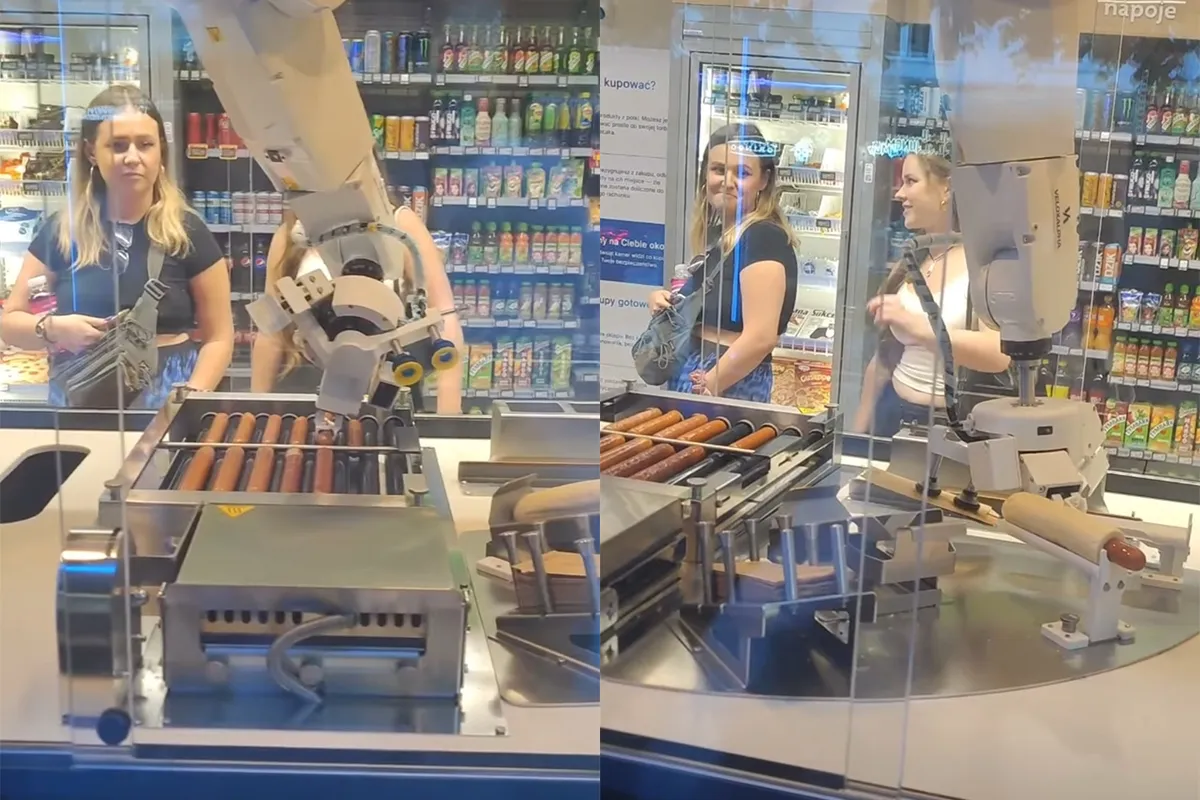 Kijken hoe een hotdog door een machine wordt gemaakt, maar trek hebben in sappige meloen