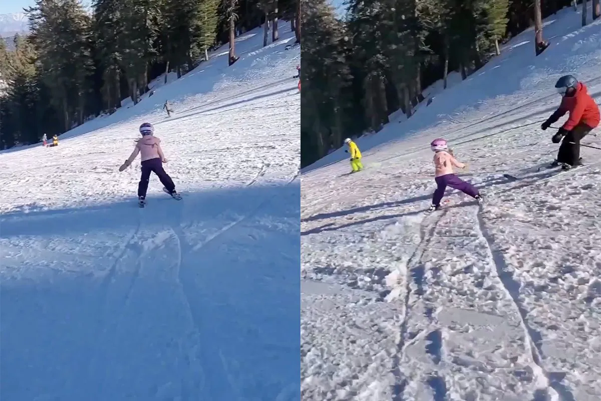Kind gaat dwars over de piste en wordt keihard omver geskied