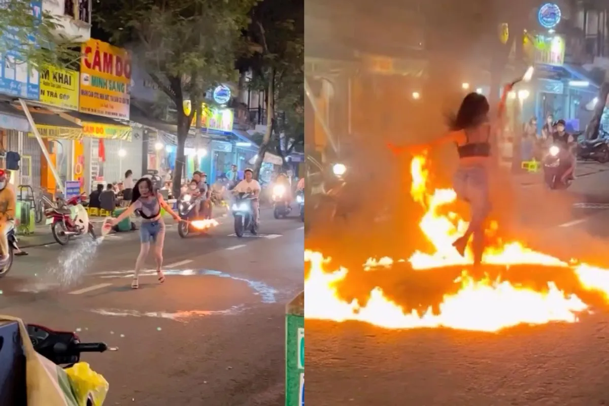 Influencer in Vietnam heeft er geen moeite mee als verkeer doorrijdt terwijl ze weg in de fik steekt