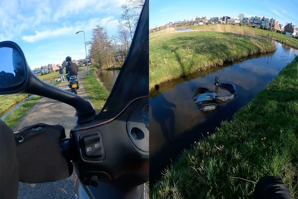 Strijder springt in het water om scooter te redden